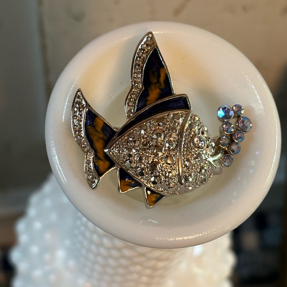 Silver, Purple, Gold enamel Fish Brooch with Rhinestone Accents
